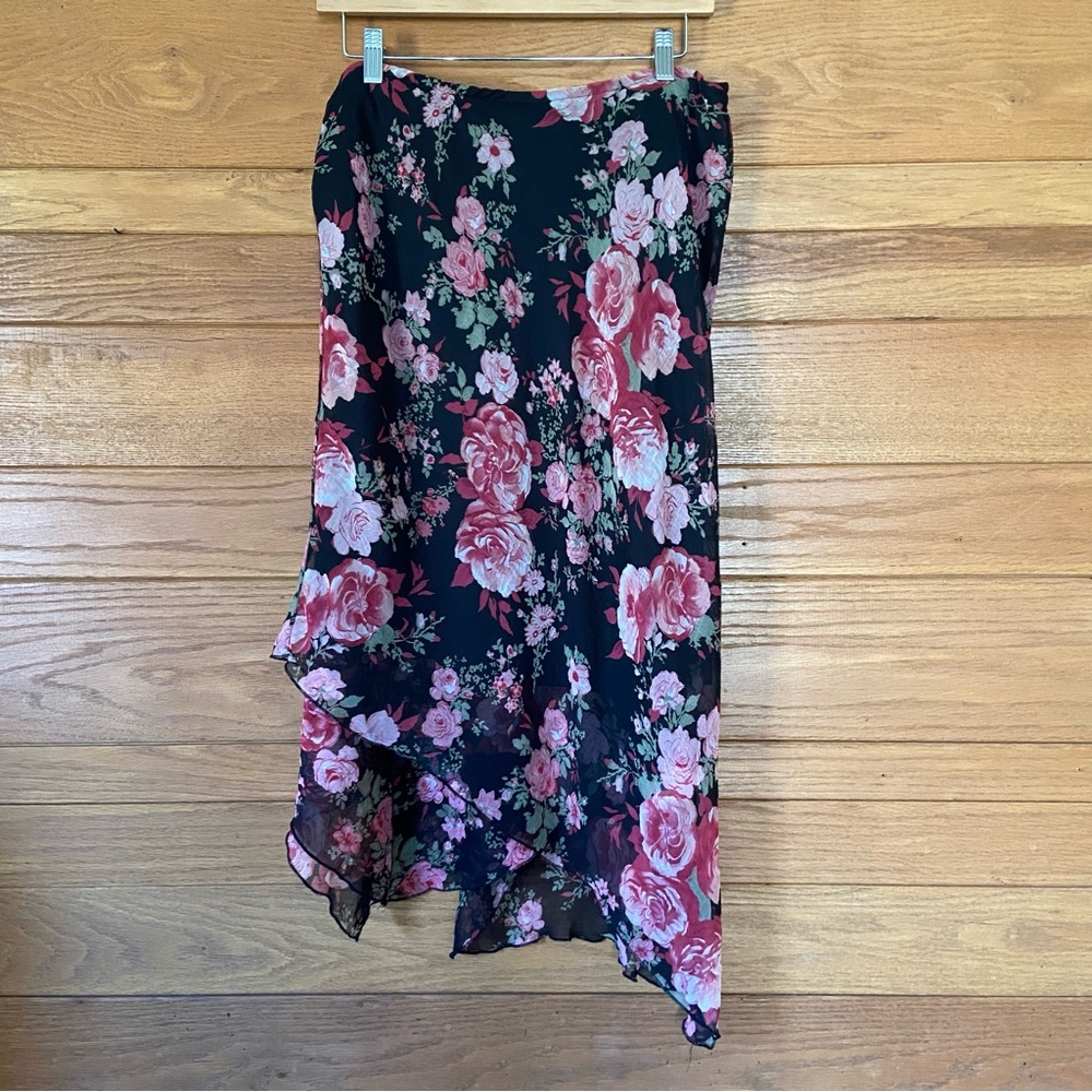 Y2K CDC rose floral asymetrical print slip skirt